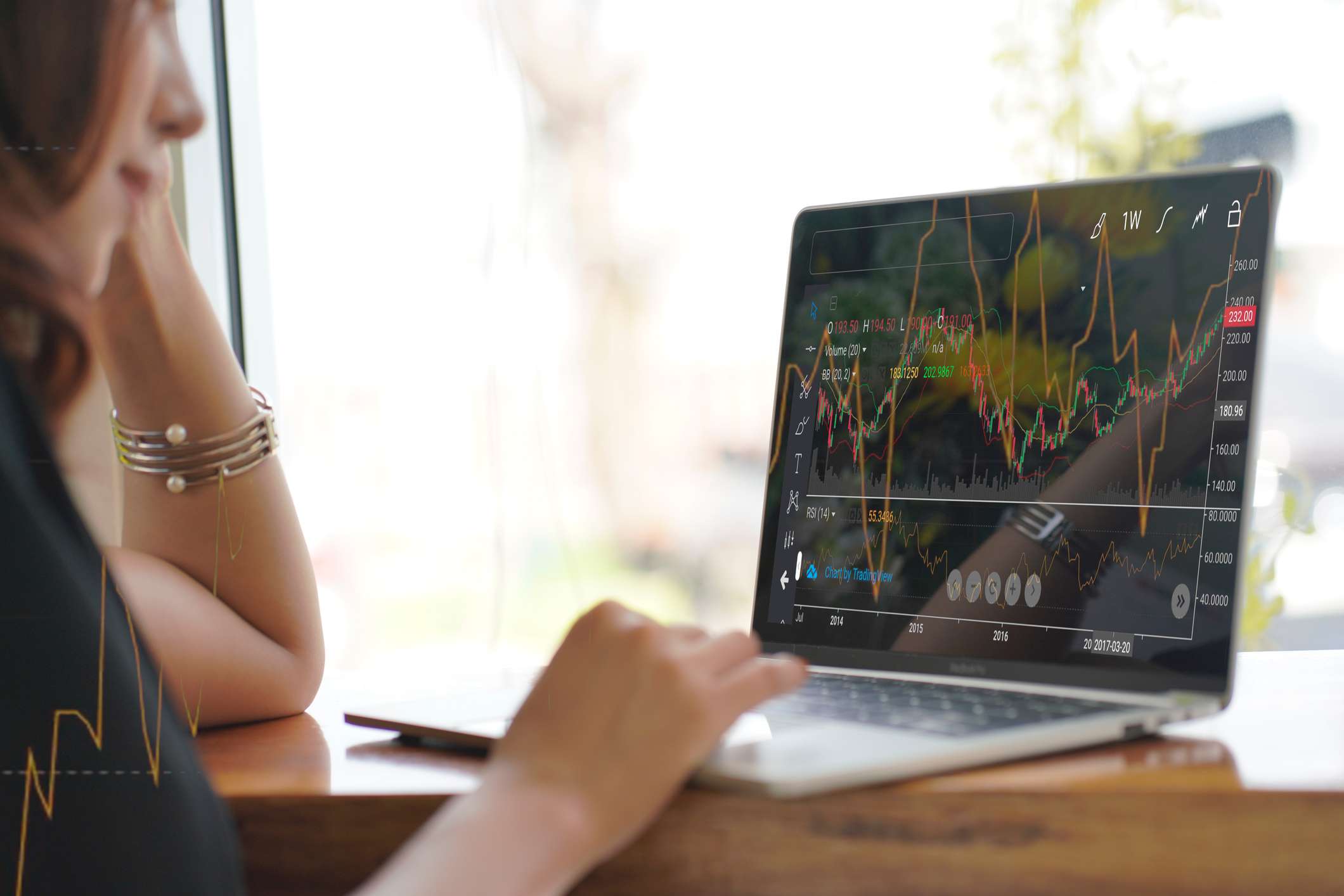 Person looking at economic graph on monitor