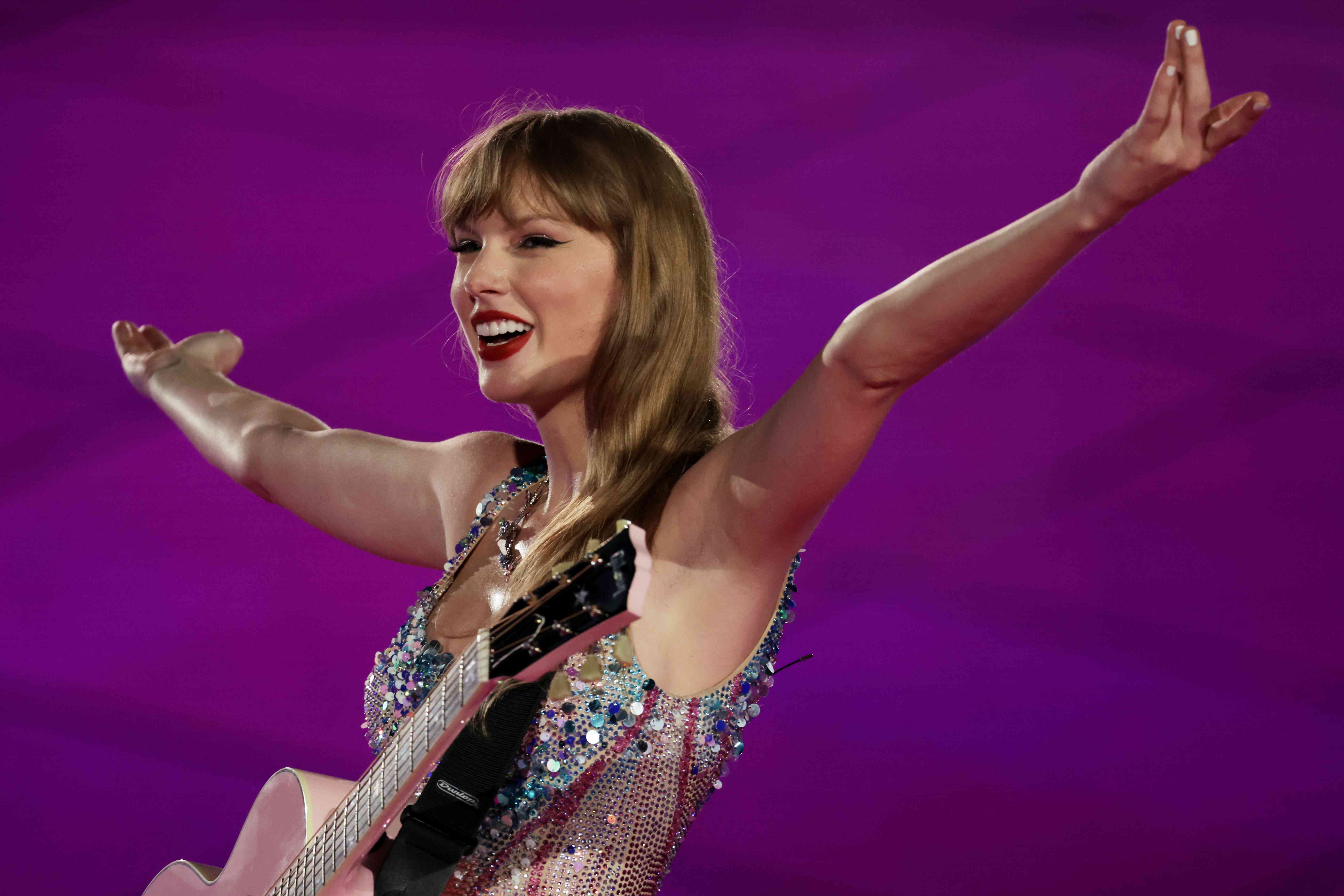 Taylor Swift performs during the Eras Tour at the National Stadium on March 2, 2024 in Singapore