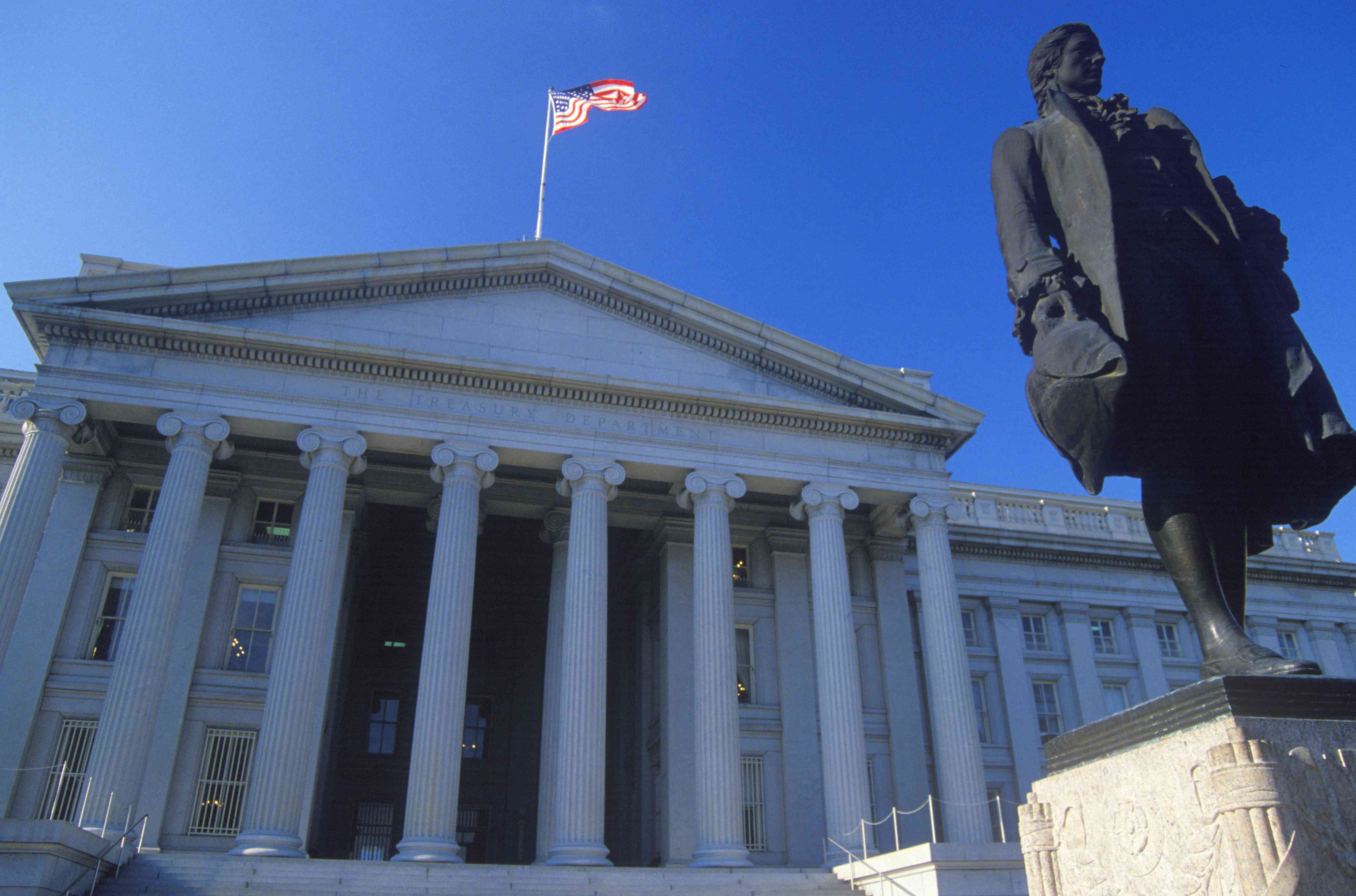 'Statue of Alexander Hamilton in front of the United States Department of Treasury, Washington, D.C.'