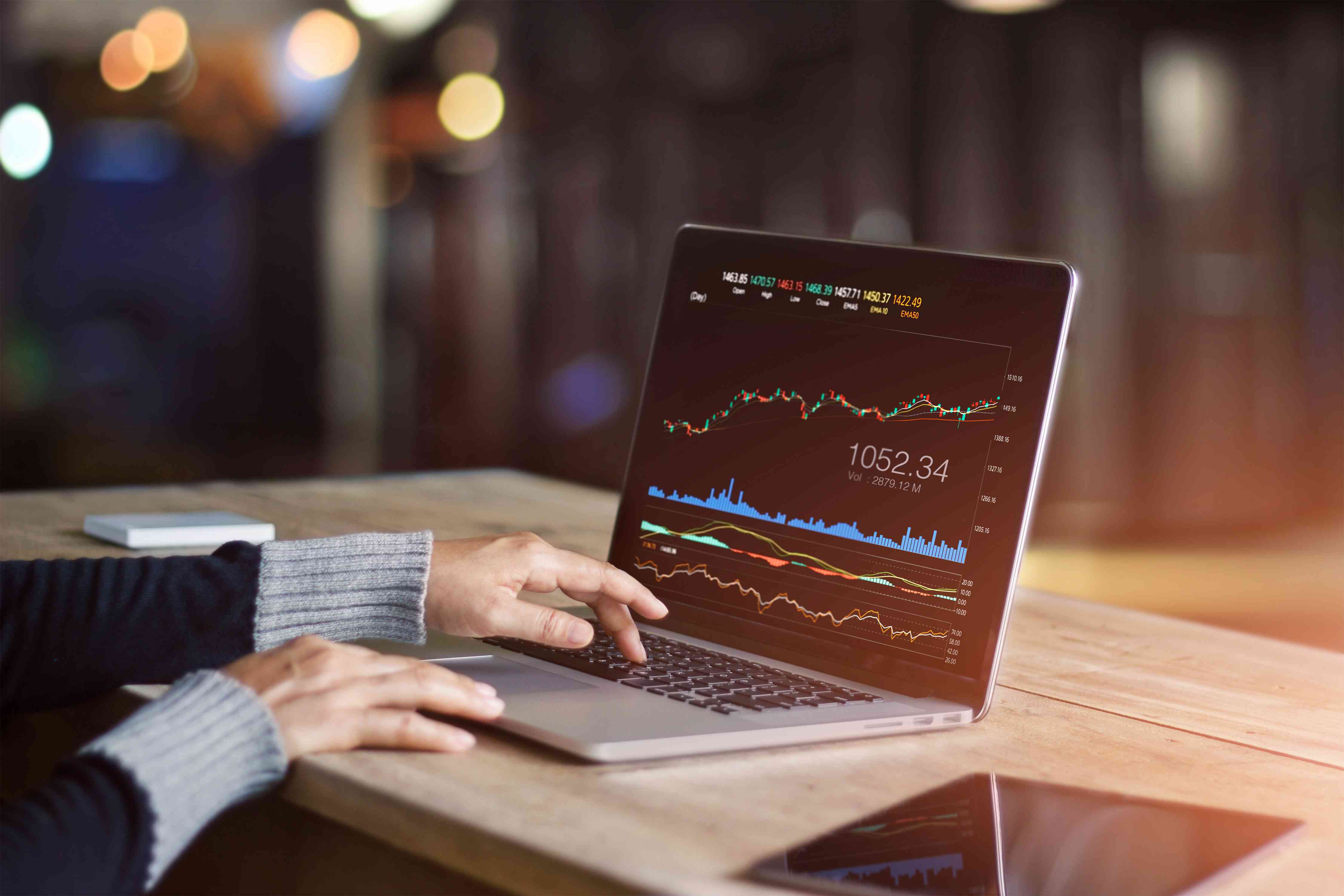 A person using a laptop for analyzing data stock market.