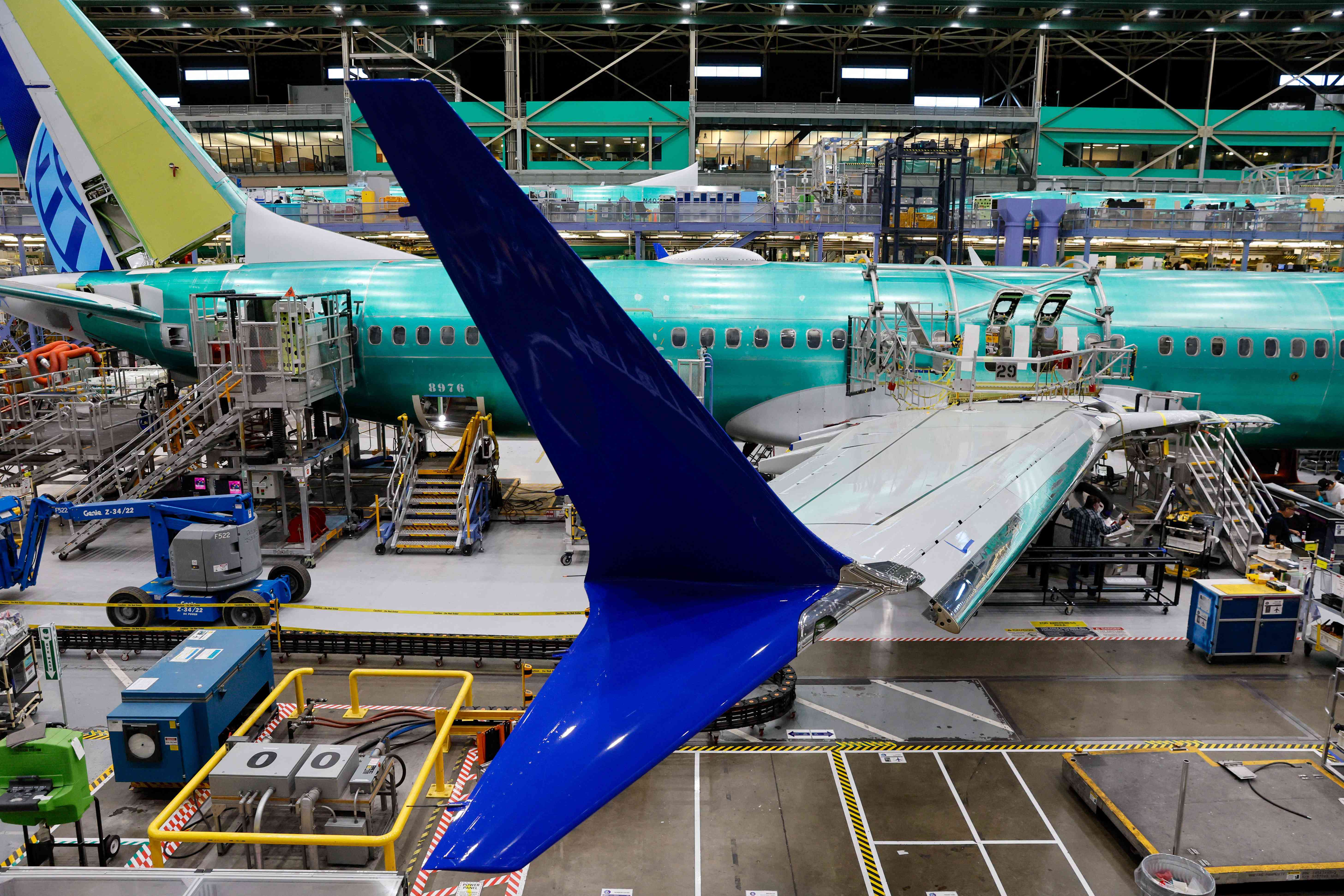 A Boeing 737 MAX aircraft is assembled at the Boeing Renton Factory in Renton, Washington, on June 25, 2024