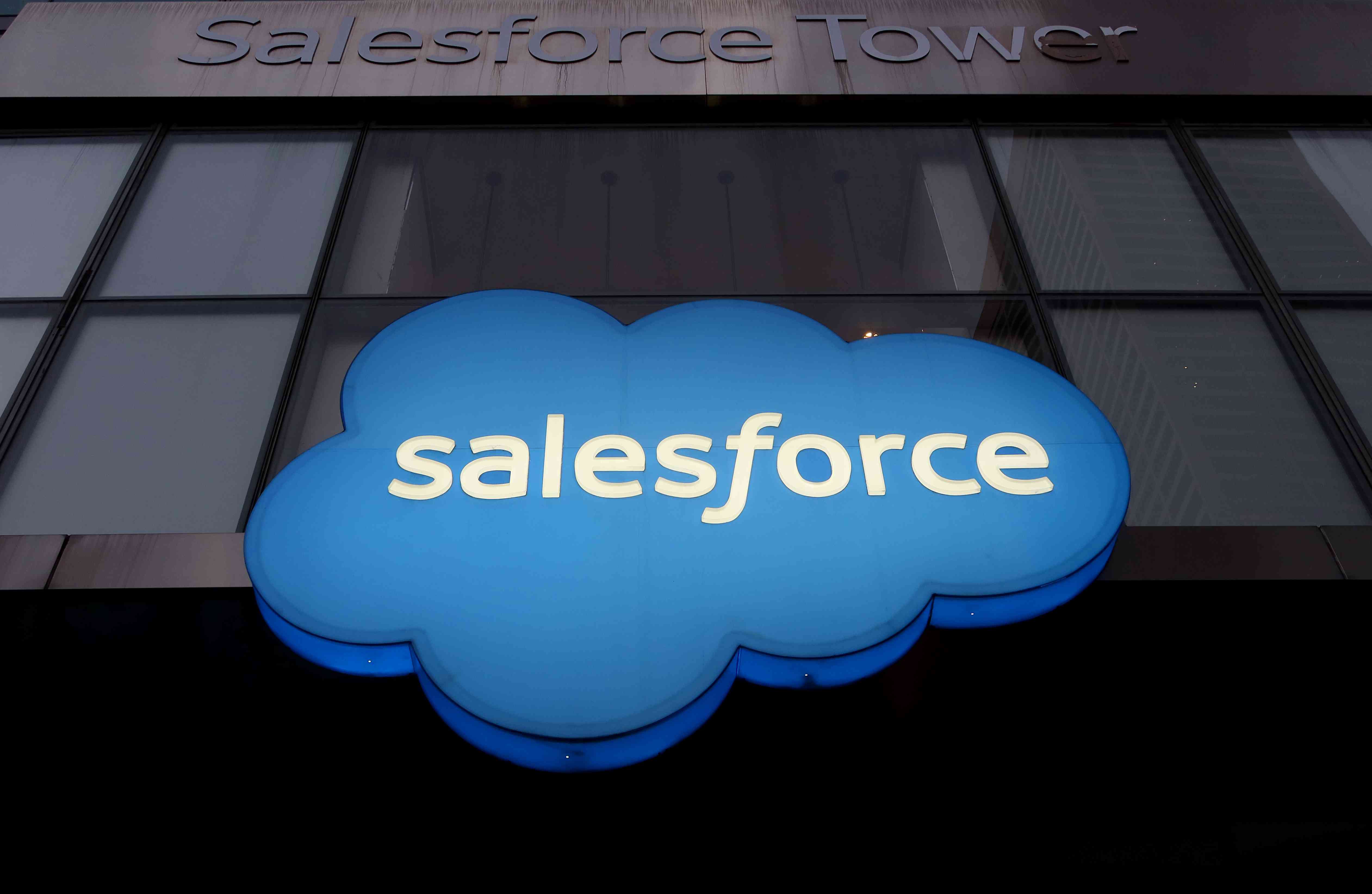 The Salesforce logo on display at a company building.