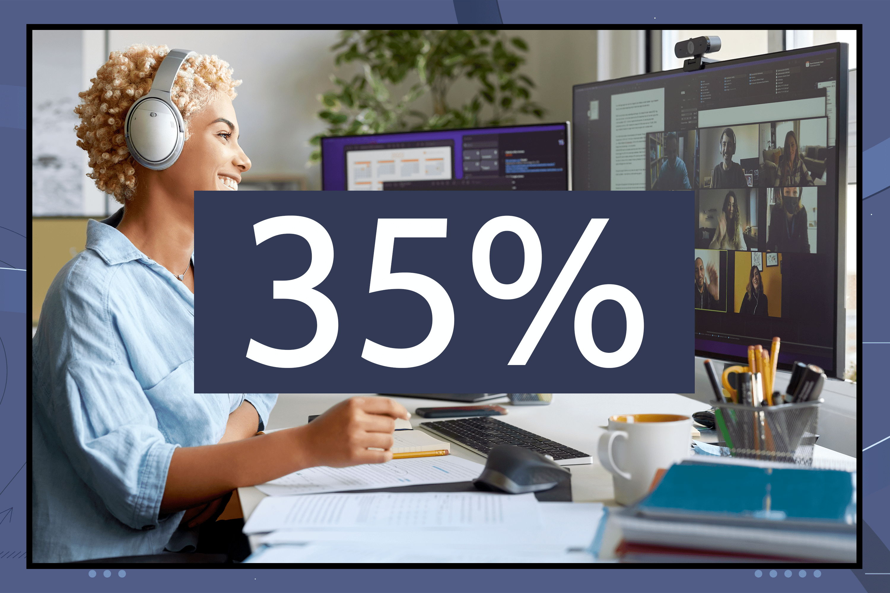 A woman works from home with the number "35%" overlayed on top in a blue box.