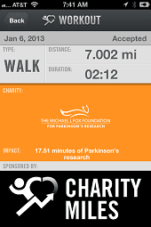 Screen Shot of Charity Miles app, which uses gamification to raise money for charity.