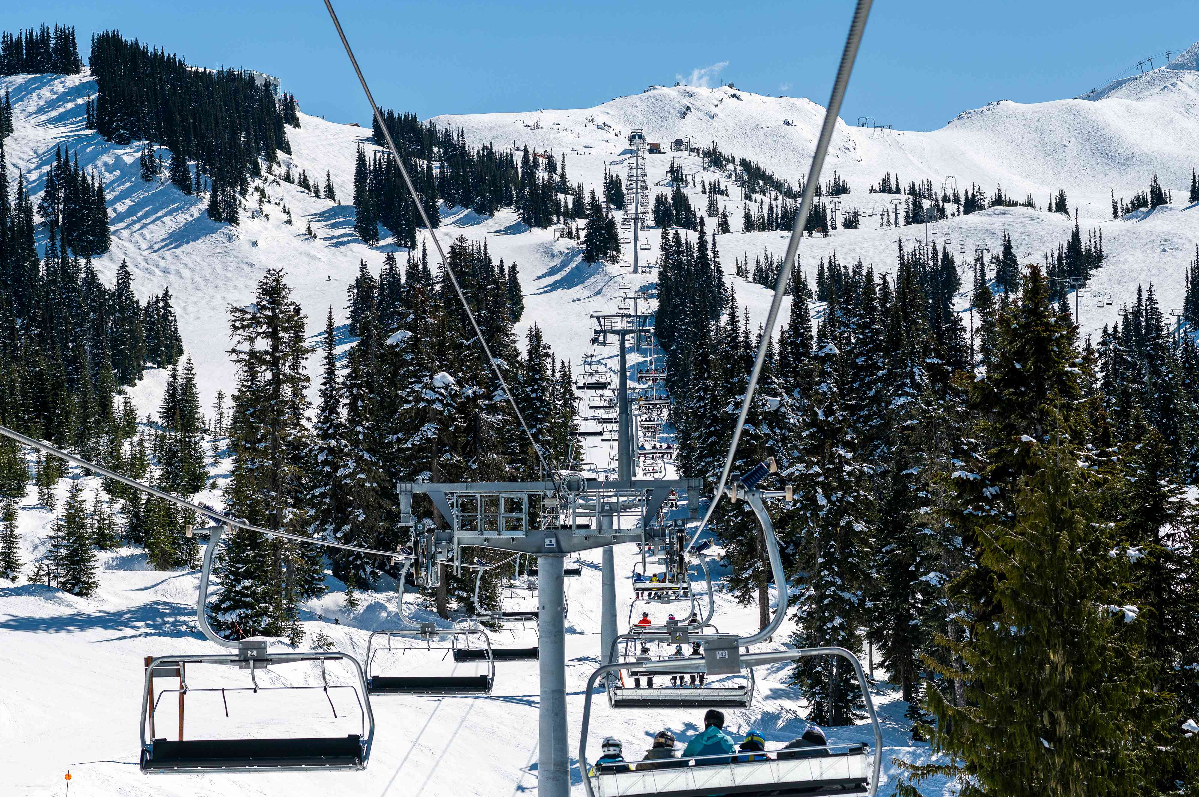 A chairlift at the Vail Resorts' Whistler Blackcomb ski resort on Whistler Mountain, British Columbia, Canada