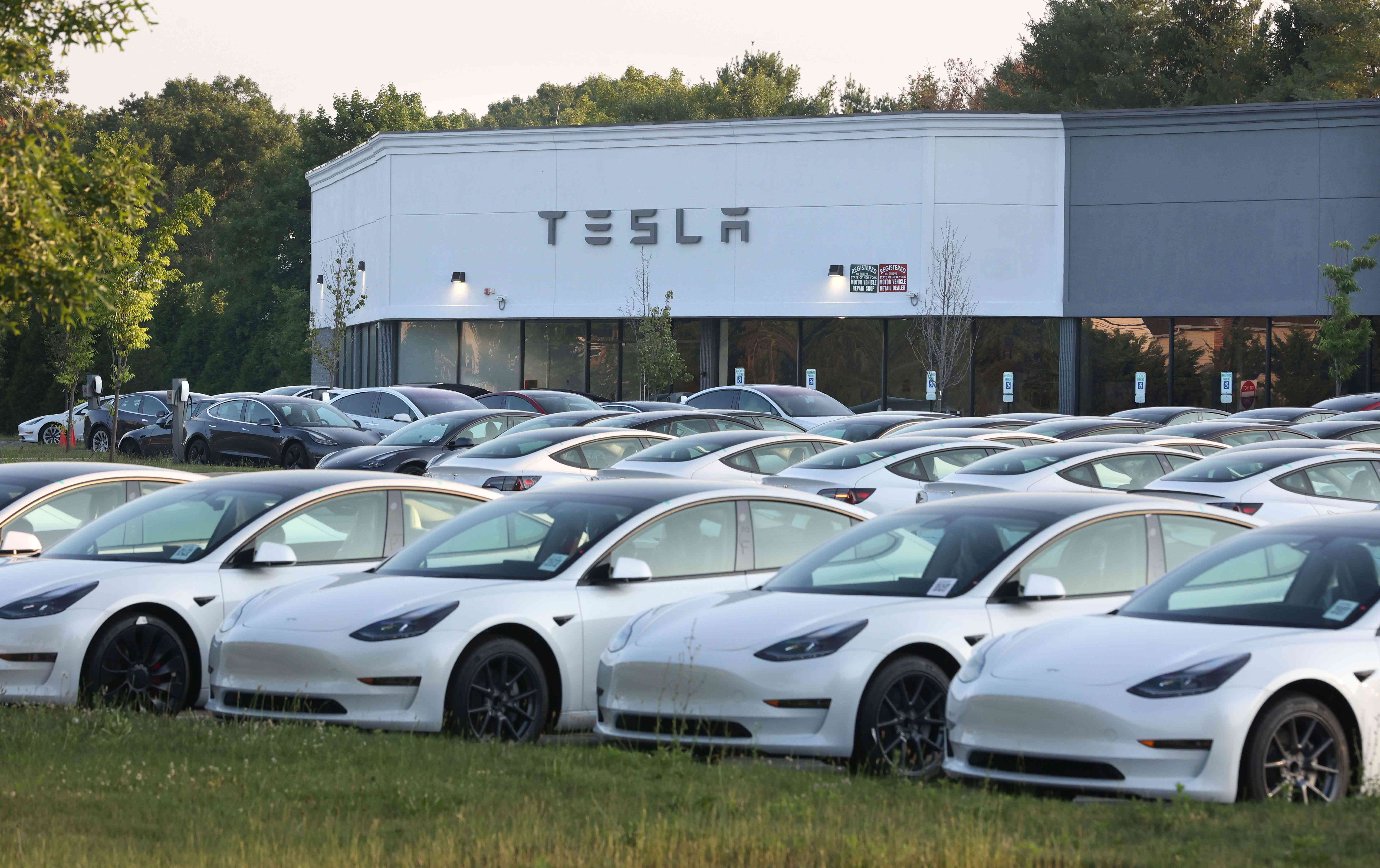 Tesla electric vehicles in a car lot