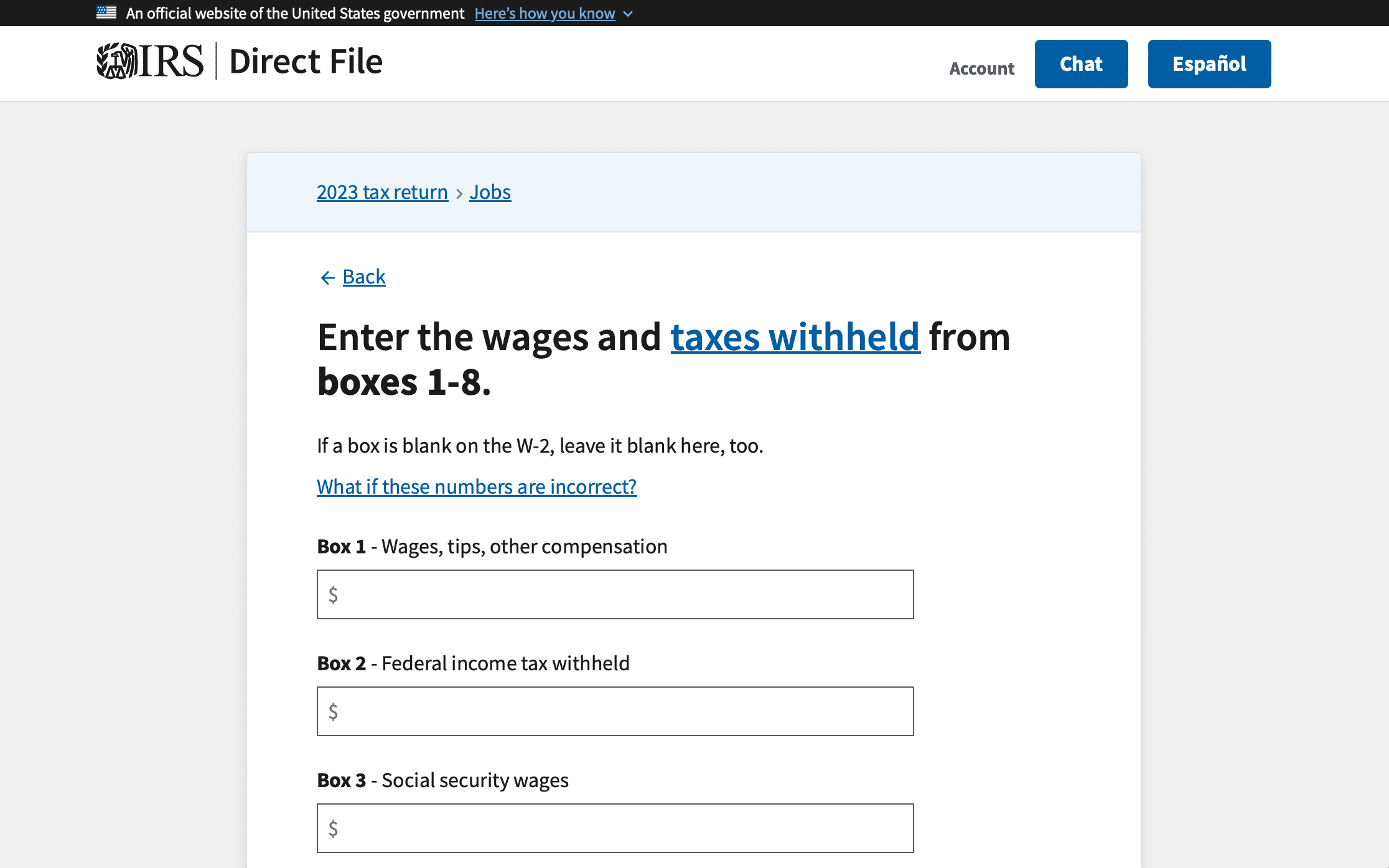 A screenshot of a form on the IRS's new Direct File website currently in testing