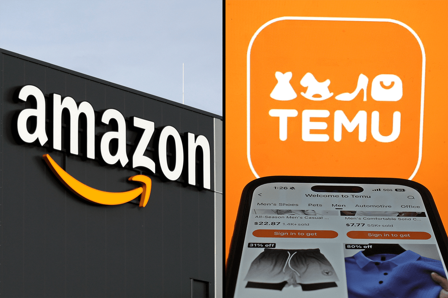 A side-by-side image of the Amazon logo on the side of a building, and a digital illustration of Temu's logo in the background, with the Temu app visible on a phone in the foreground.