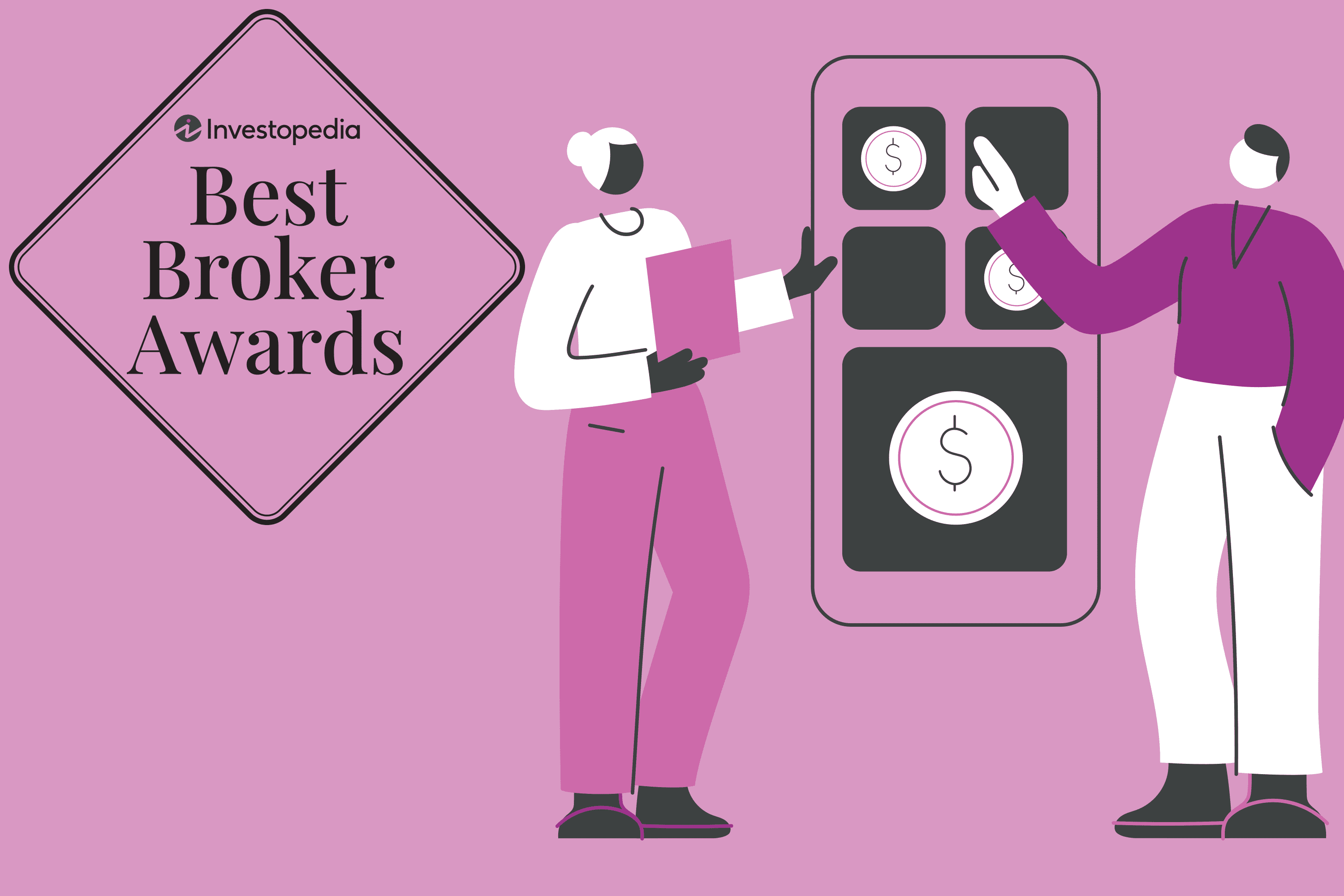 Custom illustration for Investopedia shows "Best Broker Awards on the top left with people handling a phone showing an investment app on the right. The images is pink and white.