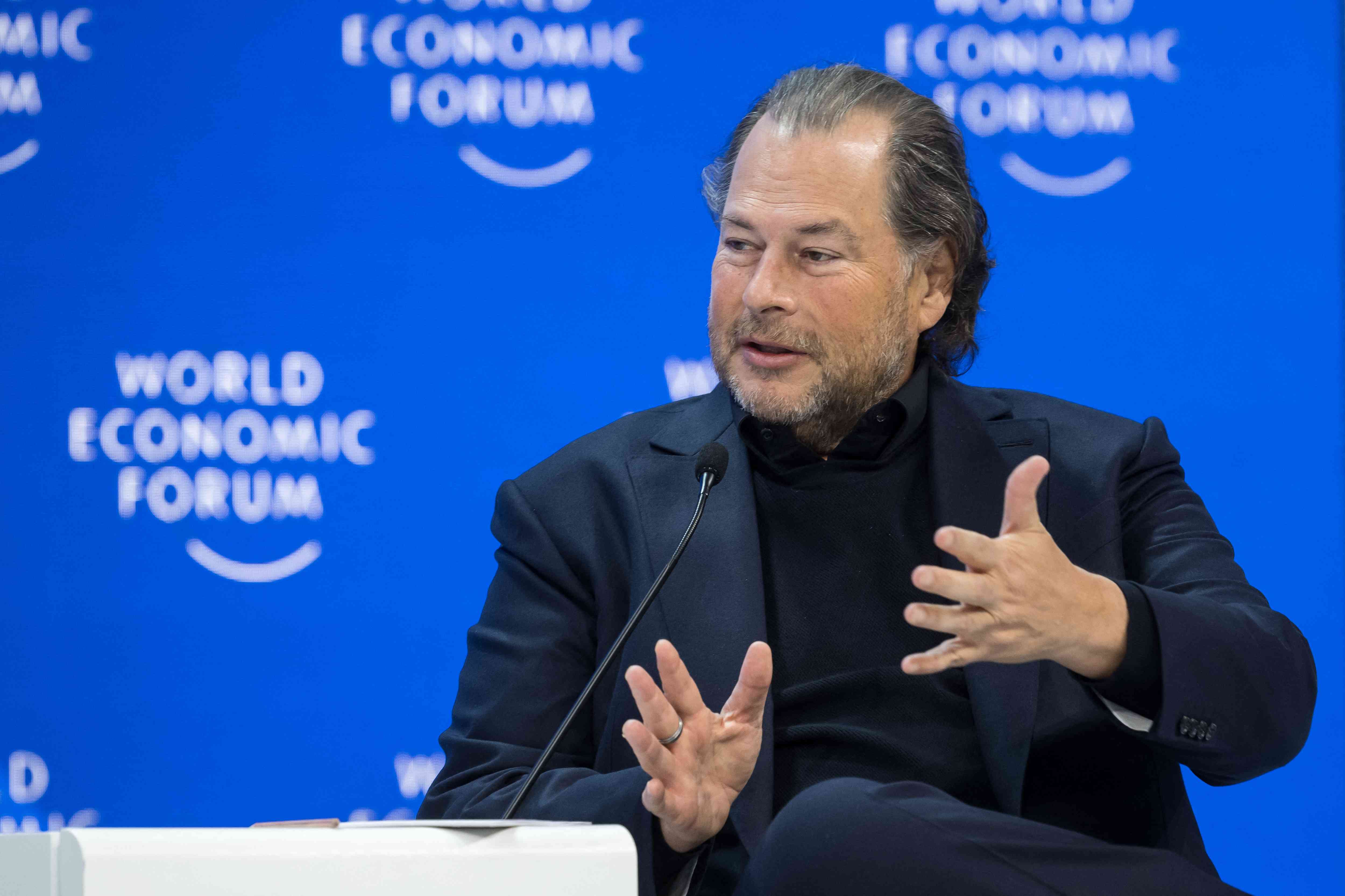 Salesforce chair and CEO Marc Benioff gestures during a session of the World Economic Forum (WEF) meeting in Davos on January 18, 2024