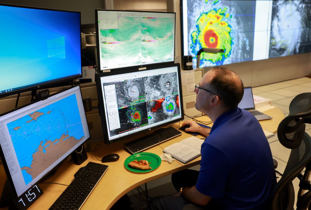 Brad Reinhart, Senior Hurricane Specialist at the National Hurricane Center, works on tracking Hurricane Beryl, the first hurricane of the 2024 season, at the National Hurricane Center on July 01, 2024 in Miami, Florida.