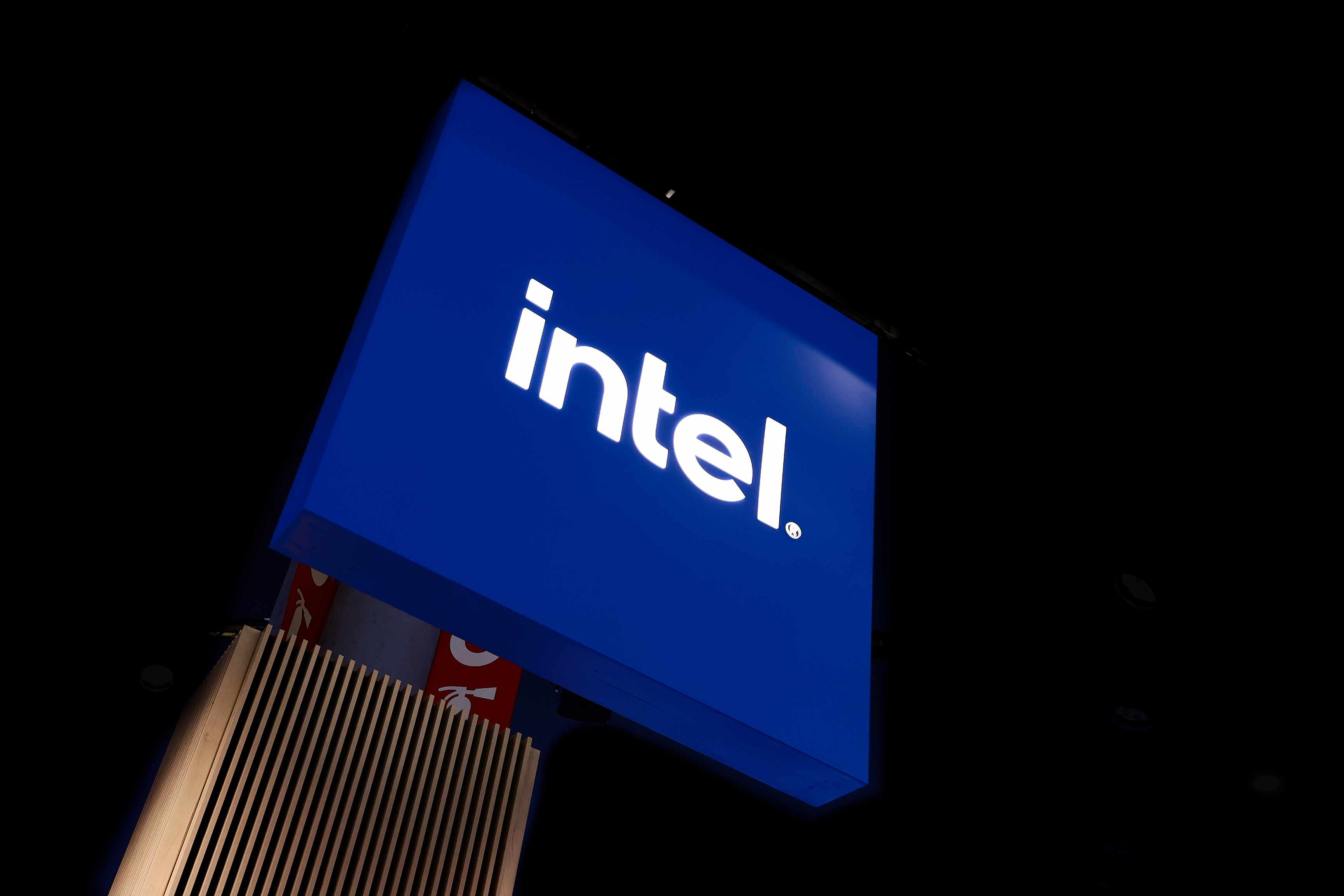 The Intel logo on display at an industry event