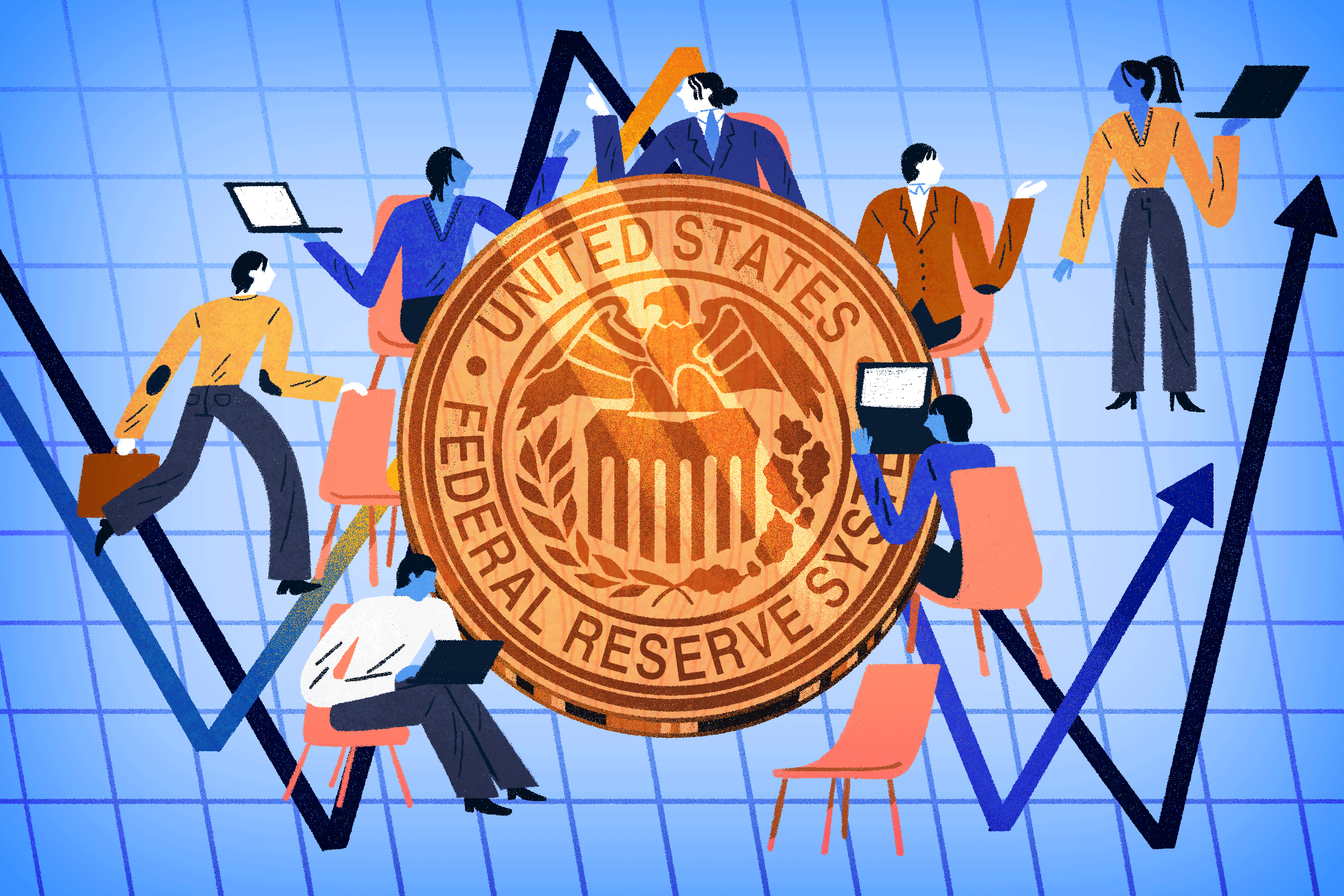 An illustration shows people meeting around a table that looks like the Federal Reserve crest. 