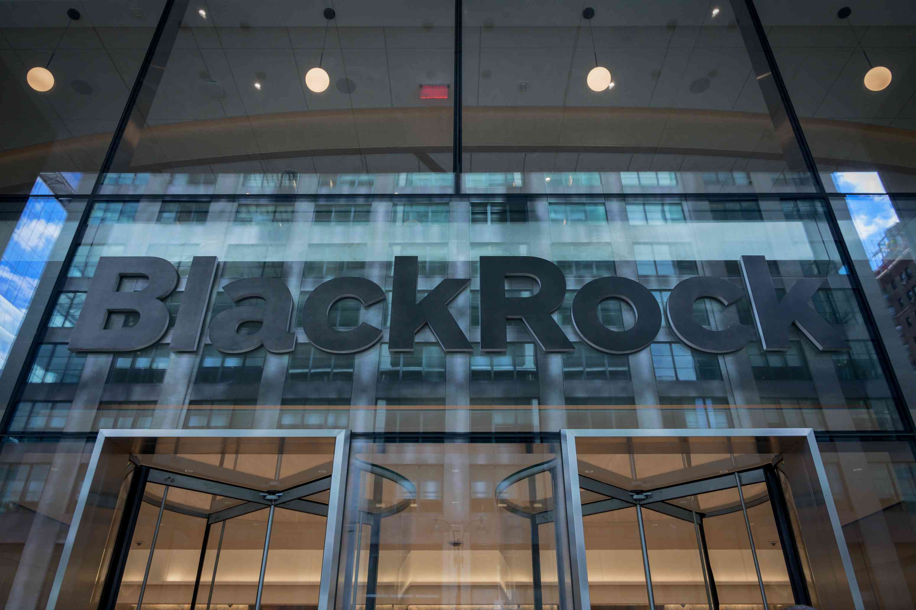 The BlackRock company name above the entrance to its headquarters in New York City. 