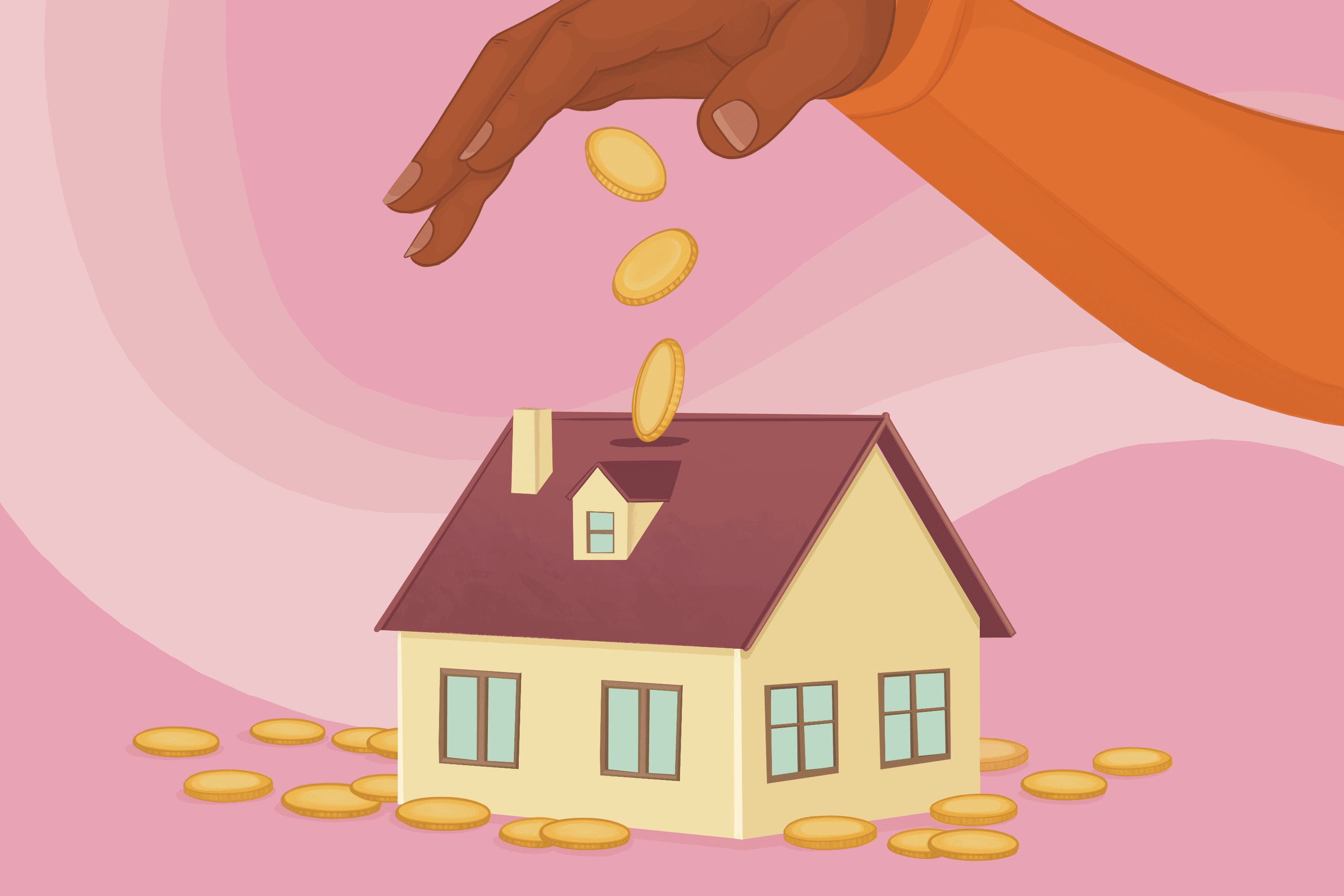 Illustration of a hand dropping coins into a bank shaped like a house.