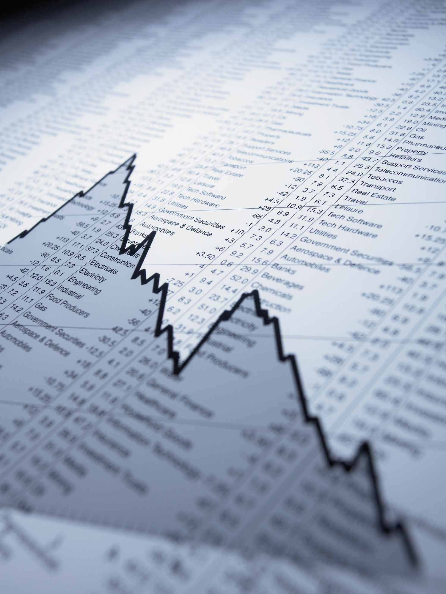 Descending line graph on list of share prices.