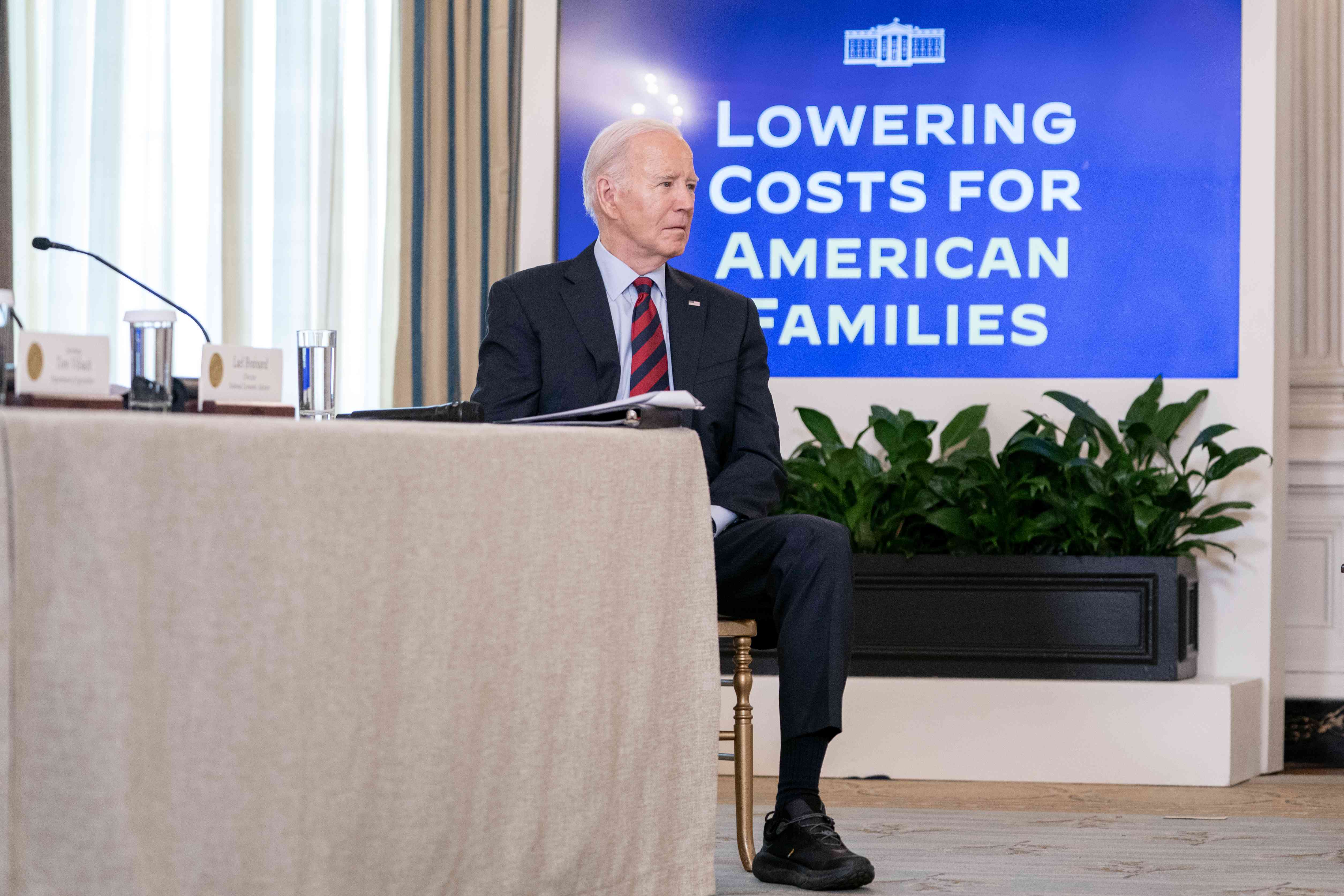 President Joe Biden listens to remarks during a meeting with his Competition Council in the State Dining Room of the White House on March 5, 2024. 