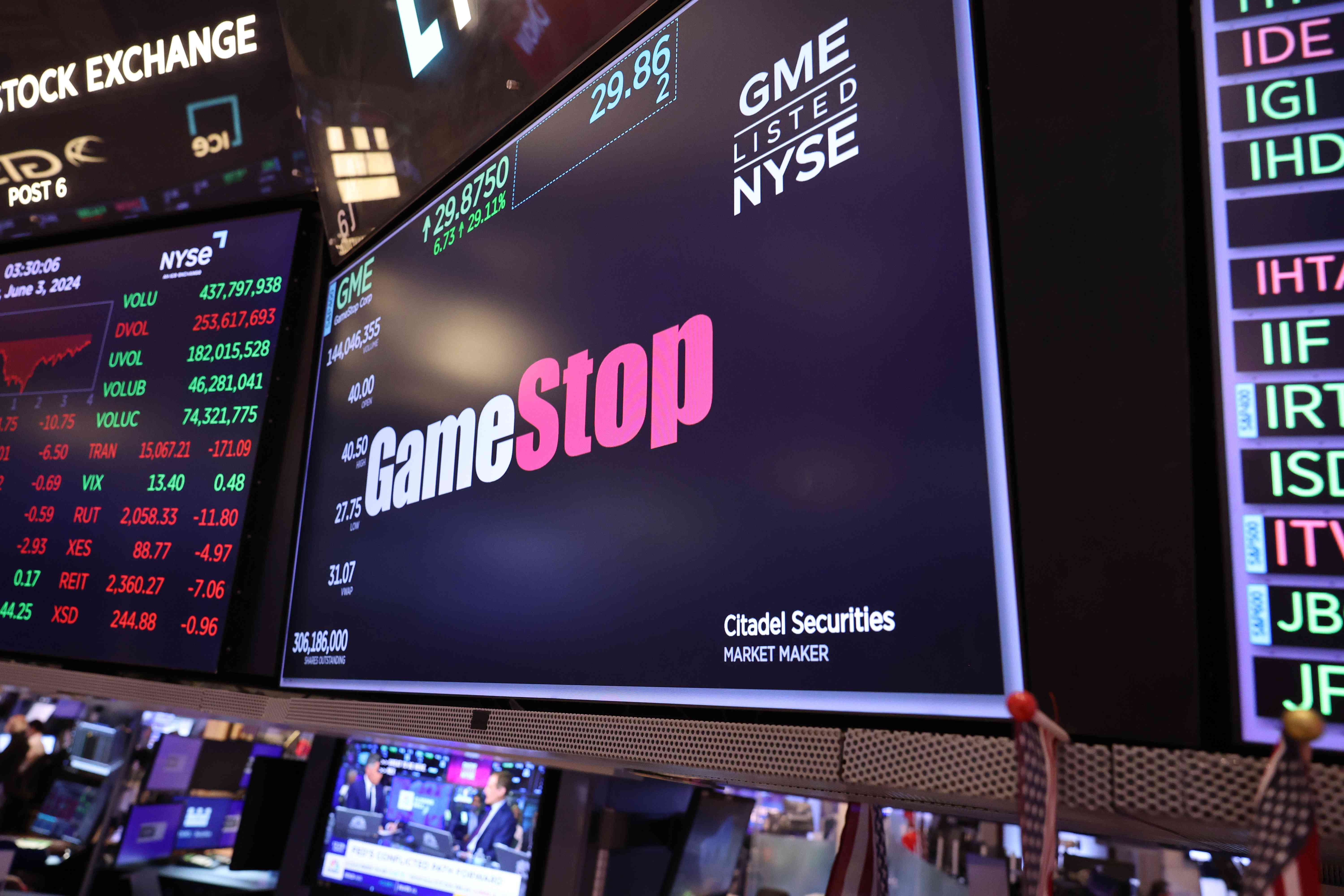 The GameStop logo on display at the New York Stock Exchange.