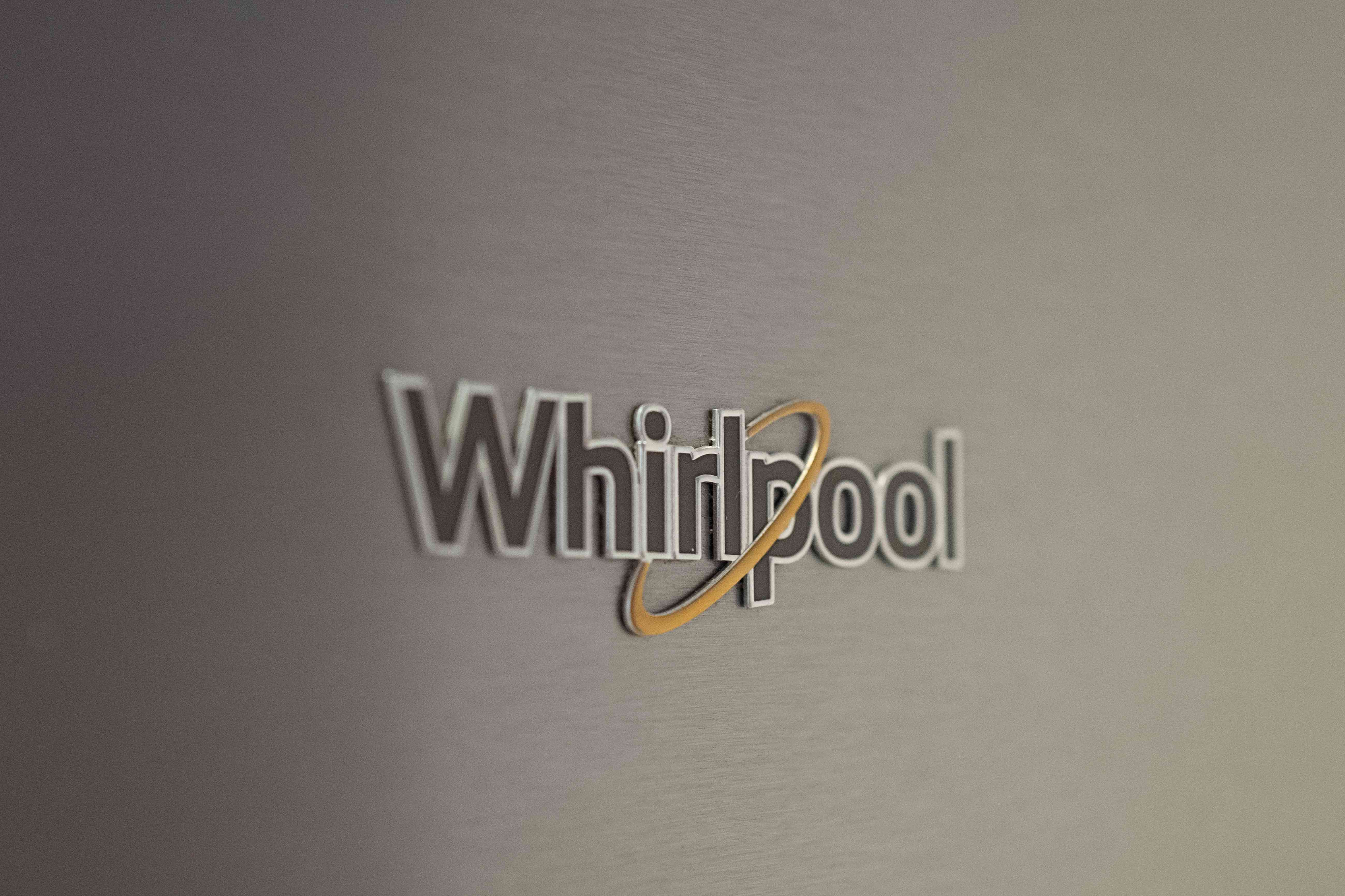 Logo for appliance brand Whirlpool on a stainless steel appliance, Newport Beach, California, April 24, 2024