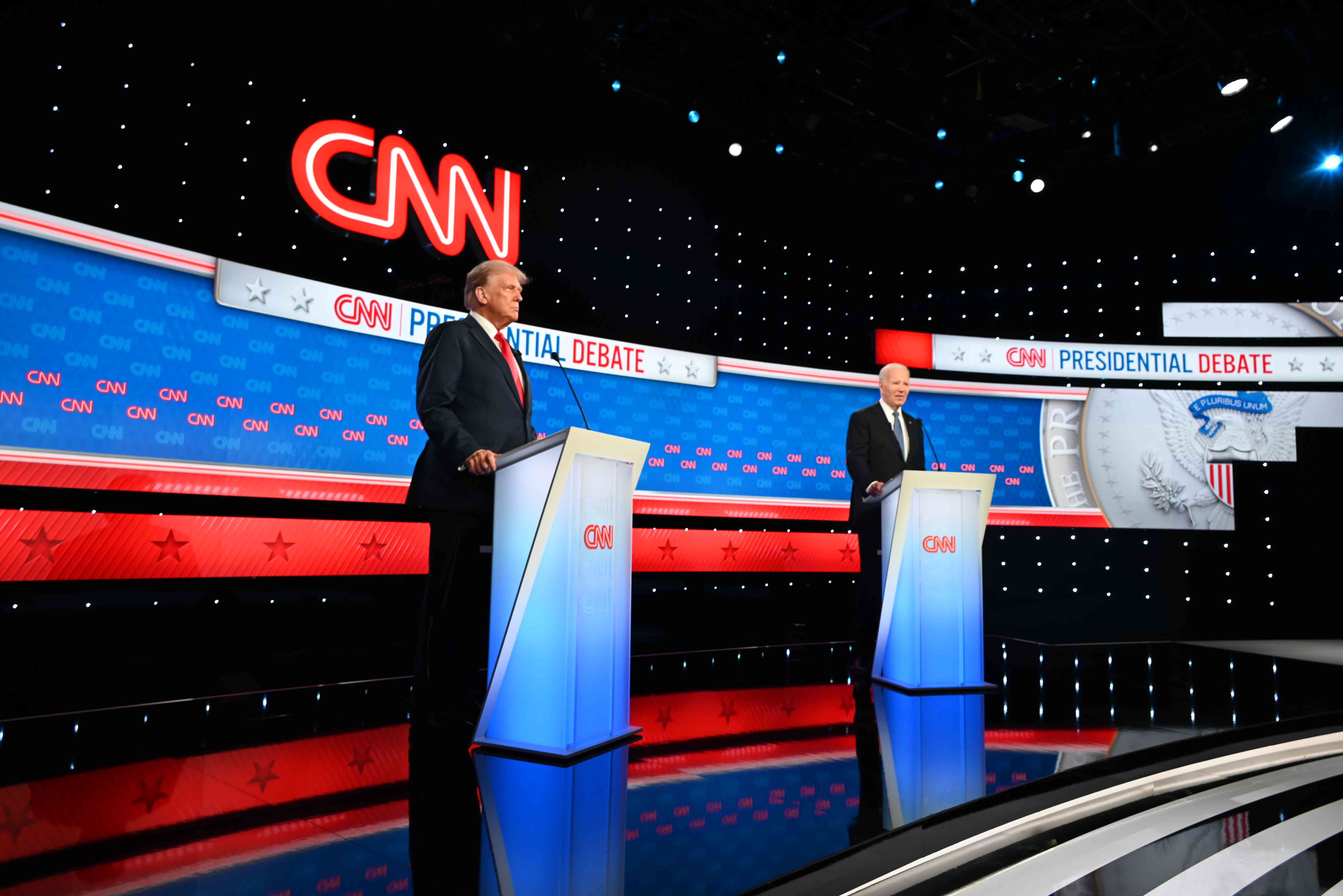 President of the United States Joe Biden and Former President Donald Trump at the first Presidential Debate at CNN Studios in Atlanta, Georgia, on June 27, 2024.