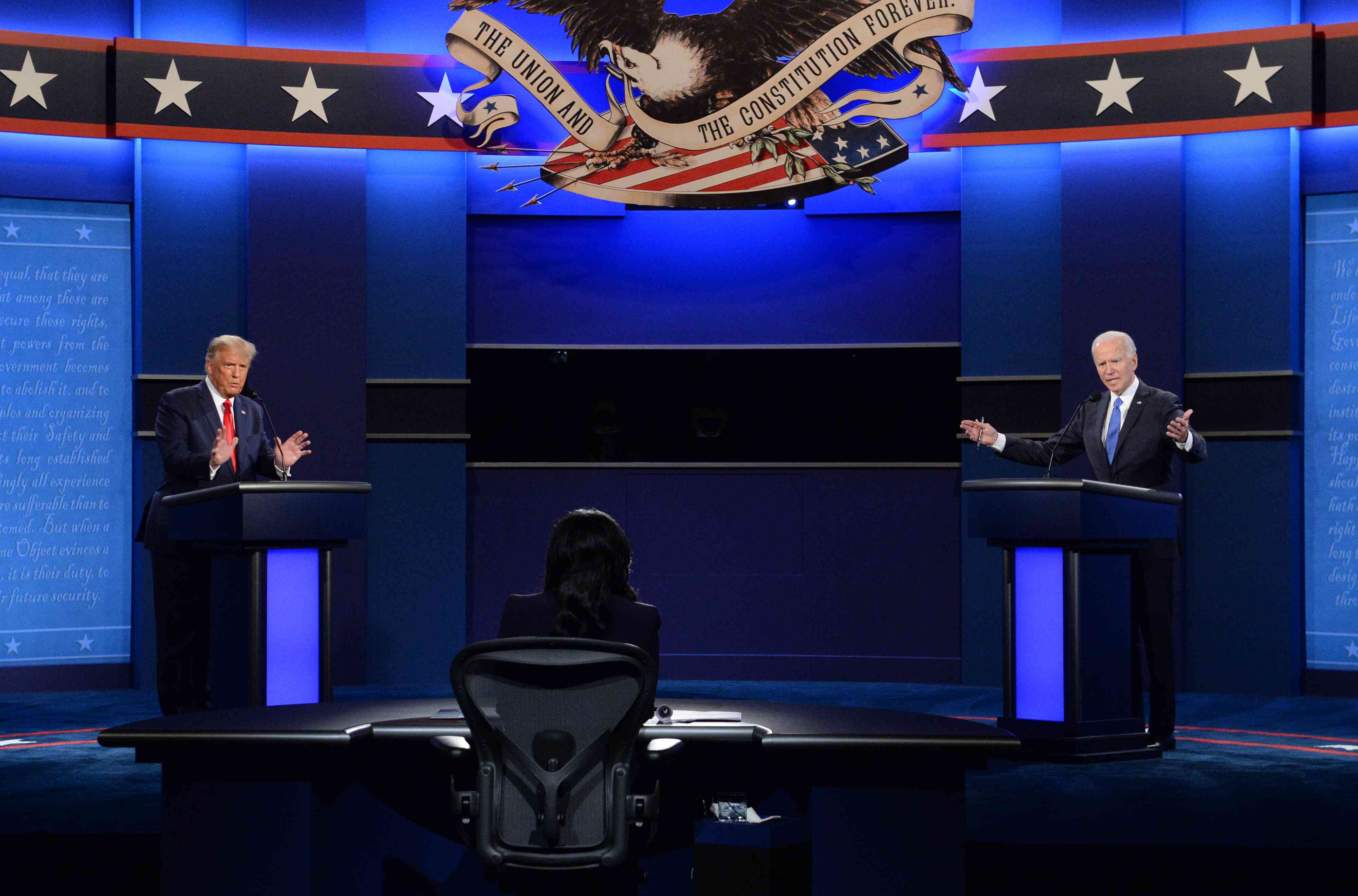 Joe Biden, 2020 Democratic presidential nominee, right, and U.S. President Donald Trump speak during the U.S. presidential debate at Belmont University in Nashville, Tennessee, U.S., on Thursday, Oct. 22, 2020.