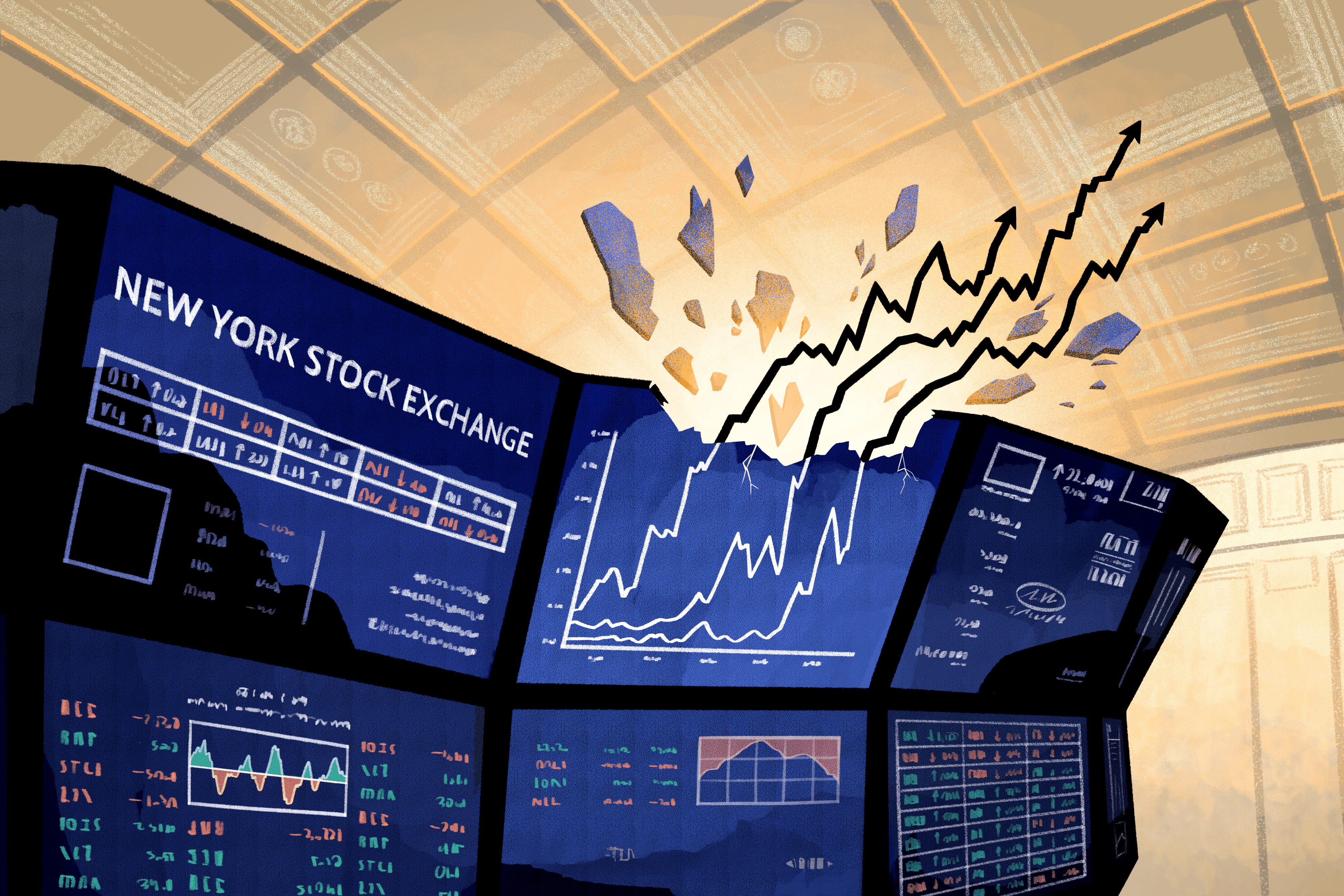 Illustration of stock charts breaking through the tops of TV screens on the floor of the New York Stock Exchange.