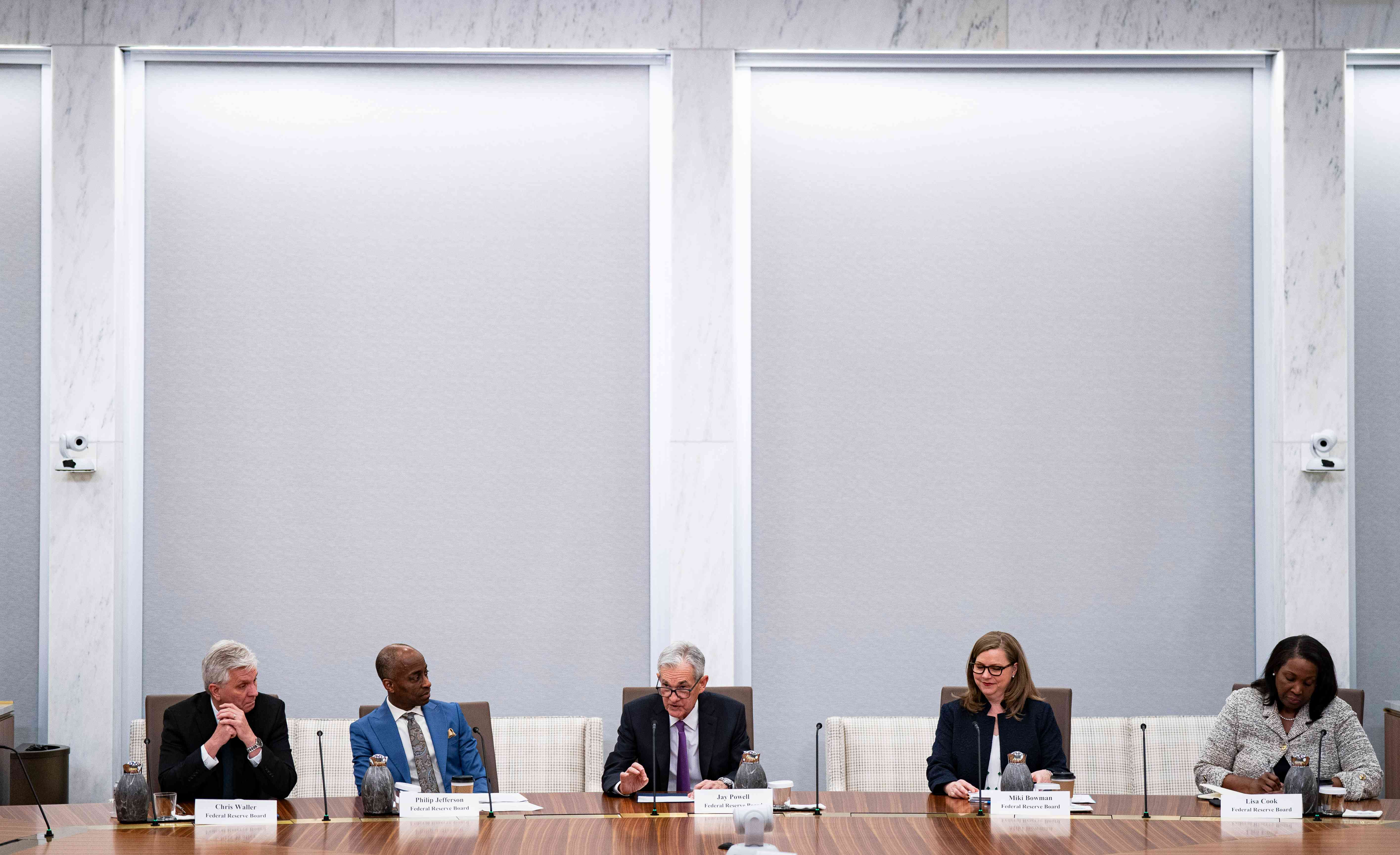 Christopher Waller, governor of the US Federal Reserve, from left, Philip Jefferson, vice chair of the Federal Reserve System, Jerome Powell, chairman of the US Federal Reserve, Michelle Bowman, governor of the US Federal Reserve, and Lisa Cook, governor of the US Federal Reserve, during a Fed Listens event in Washington, DC, US, on Friday, March 22, 2024.