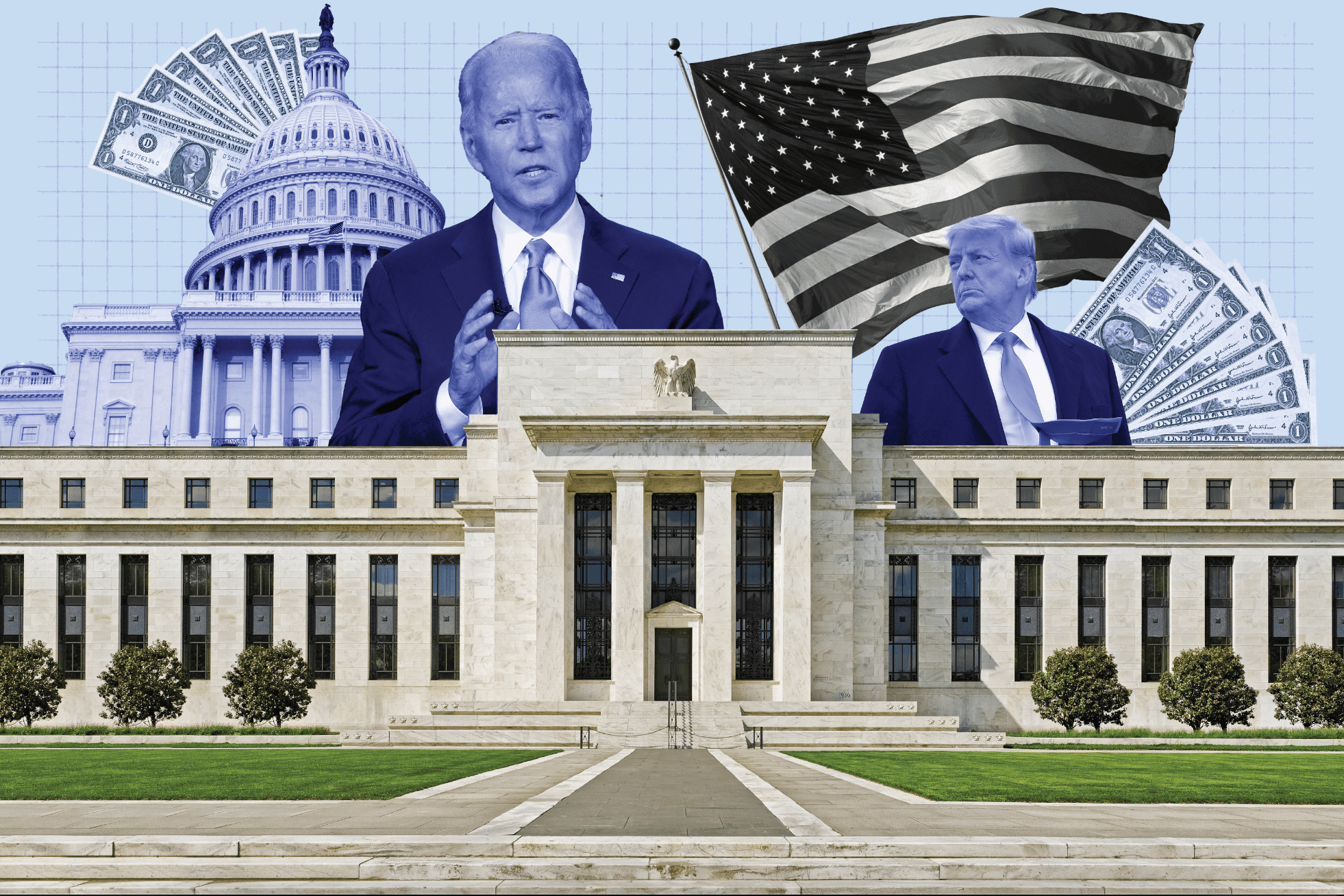 A composite image shows the White House, President Joe Biden and Presidential Candidate Donald Trump looming over the Federal Reserve building. 