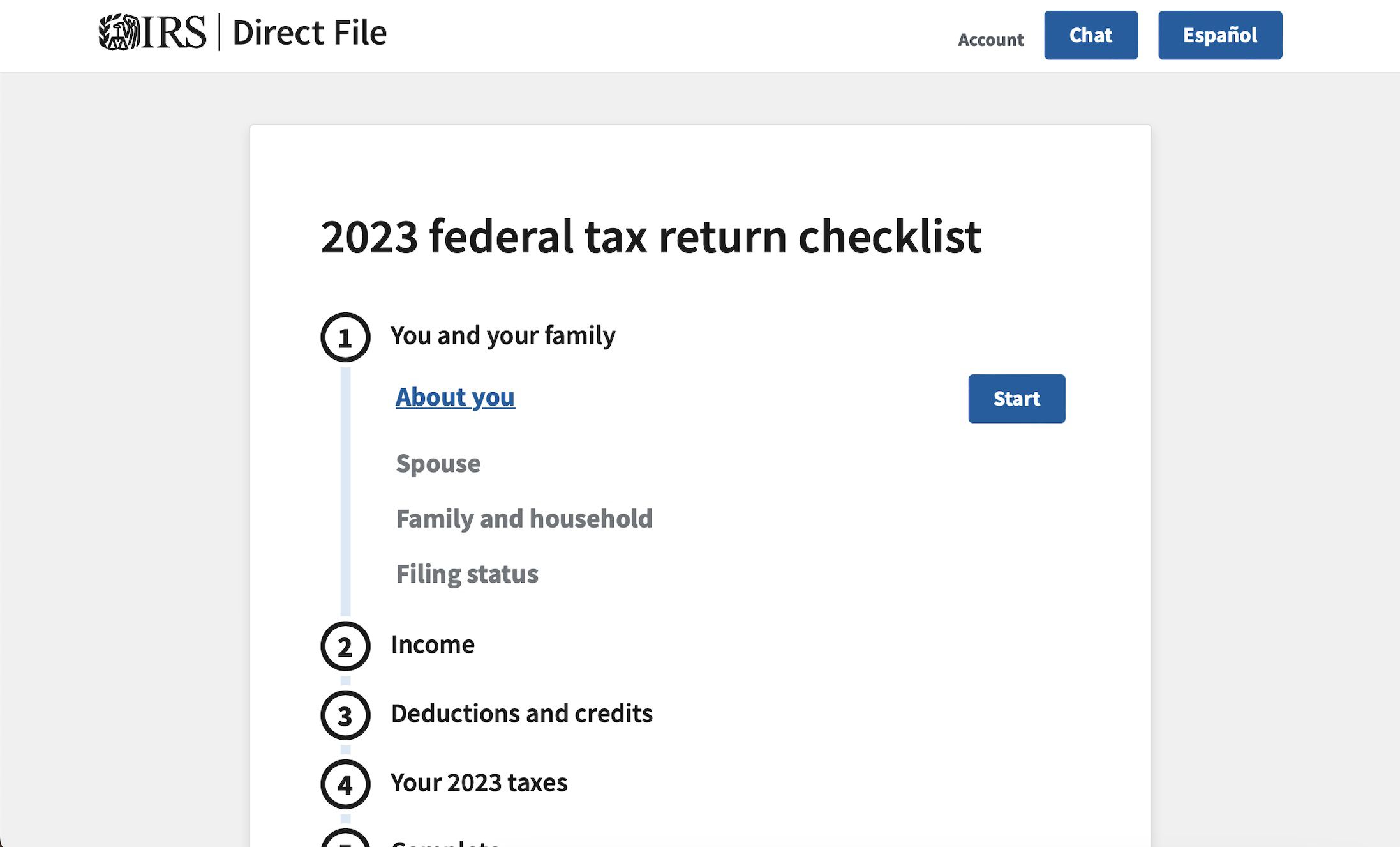 A screenshot of the IRS Direct File tool. 