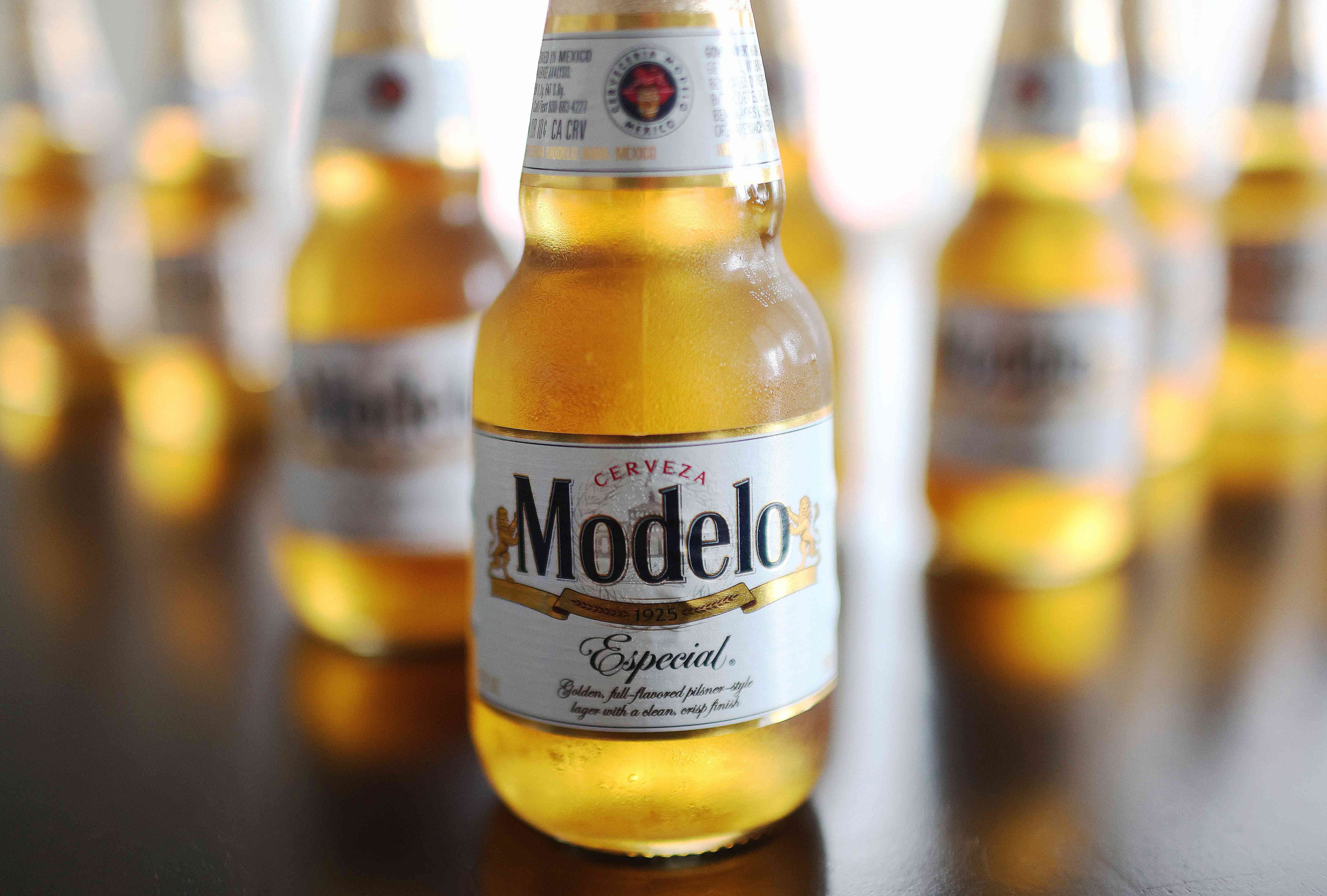 Bottles of Modelo Especial beer sit on a table on June 14, 2023 in Los Angeles, California